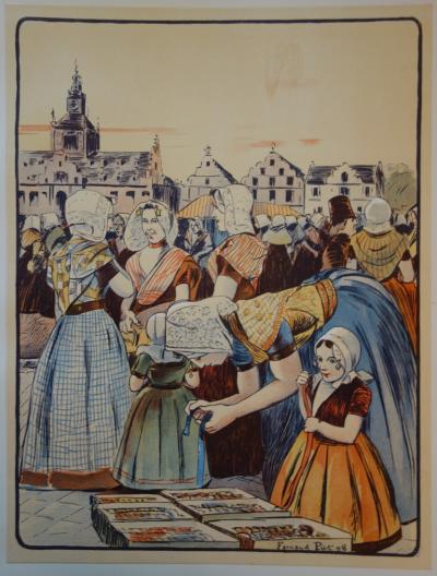 Fernand PIET - Un marché en Zélande, 1897 - Lithographie originale  signée 2
