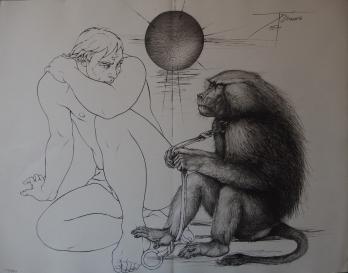Pierre-Yves TREMOIS : L’homme et le singe, Gravure originale signée 2
