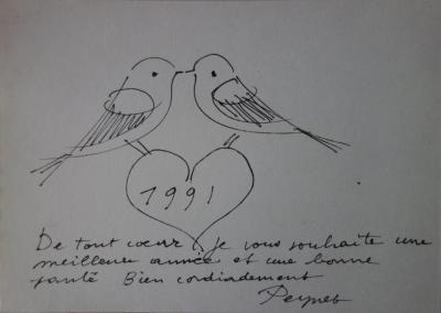 Raymond PEYNET - Les oiseaux amoureux (Saint Valentin), Dessin original signé 2