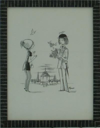 Raymond PEYNET - Les amoureux et le kiosque, Dessin original signé 2
