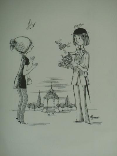 Raymond PEYNET - Les amoureux et le kiosque, Dessin original signé 2