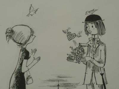 Raymond PEYNET - Les amoureux et le kiosque, Dessin original signé 2