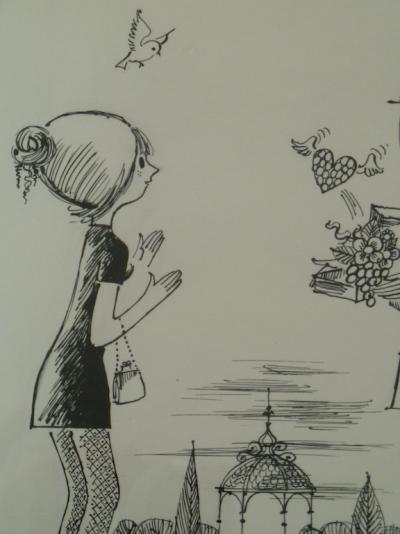 Raymond PEYNET - Les amoureux et le kiosque, Dessin original signé 2