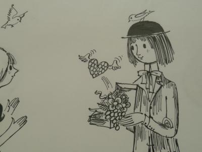 Raymond PEYNET - Les amoureux et le kiosque, Dessin original signé 2