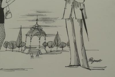 Raymond PEYNET - Les amoureux et le kiosque, Dessin original signé 2