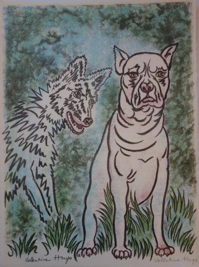 Valentine HUGO - Le loup et le chien, Lithographie originale, signé 2