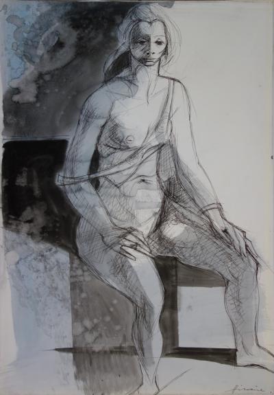 Camille HILAIRE - Modèle assis, Grande aquarelle originale signée 2