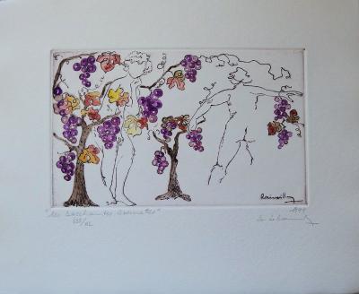 B Le RAINVILLE : Bacchantes et vendanges - Gravure et aquarelle originale signée 2