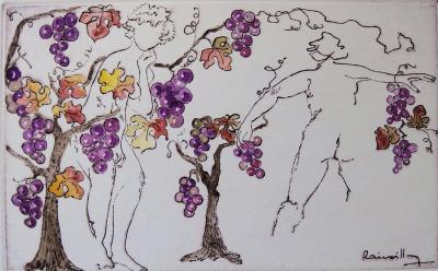 B Le RAINVILLE : Bacchantes et vendanges - Gravure et aquarelle originale signée 2