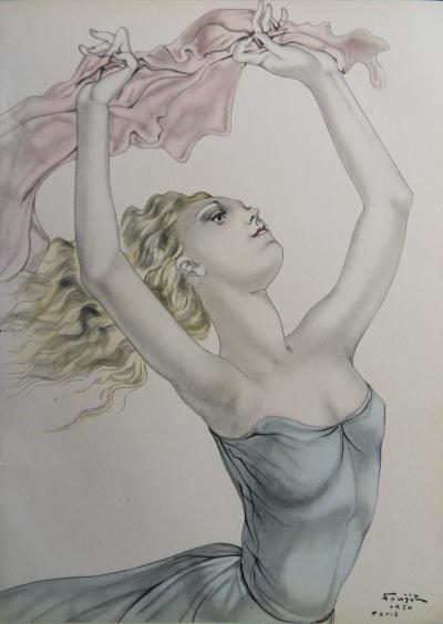 Tsuguharu FOUJITA - Danseuse en foulard rose, 1950 - Lithographie et pochoir signé