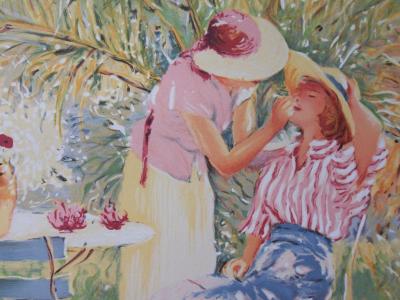 Claude FOSSOUX - Hommage à Renoir, les deux amies au jardin, Lithographie signée 2