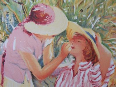Claude FOSSOUX - Hommage à Renoir, les deux amies au jardin, Lithographie signée 2