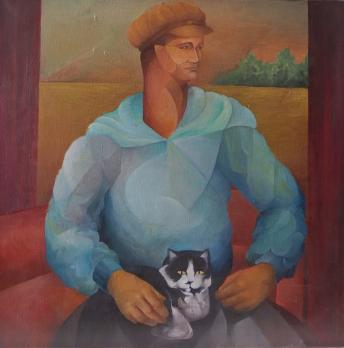 Hector PASCUAL - Homme au chat, Huile sur toile 2