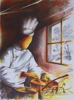 Raymond POULET - Les vieux métiers : le cuisinier, Lithographie originale signée 2