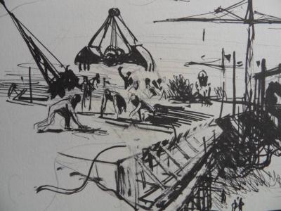 Lucien FONTANAROSA - La coulée de ciment d’un Pont à Marseille, 1961, Héliogravure signée 2