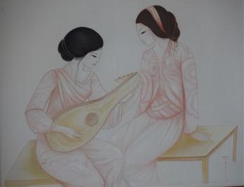 Mara TRAN LONG - Les musiciennes, Peinture sur soie signée 2