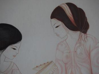 Mara TRAN LONG - Les musiciennes, Peinture sur soie signée 2