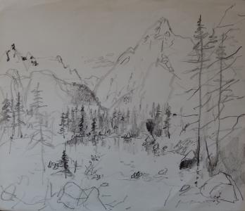 Bernard GANTNER - Paysage de montagne, Dessin original au crayon noir 2