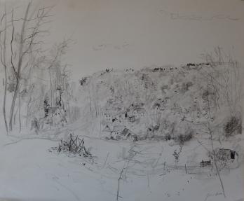 Bernard GANTNER - Village de montagne, Dessin original au crayon noir 2