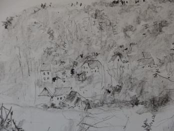 Bernard GANTNER - Village de montagne, Dessin original au crayon noir 2