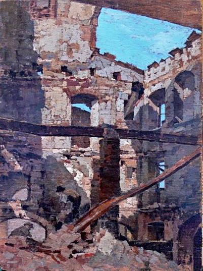 Giuseppe COMPARINI - Maisons bombardées, 1944 - Huile sur panneau 2