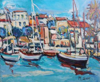 Marie SION - « Voiliers dans le petit port », Huile sur toile signée 2