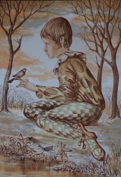 Michel VIOT - Petit arlequin à l’oiseau, Lithographie originale 2