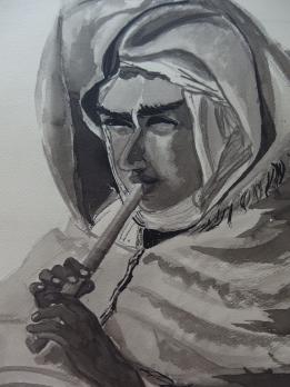 Maurice BOUVIOLE - Berbère jouant de la flute, Dessin original à l’encre signé 2