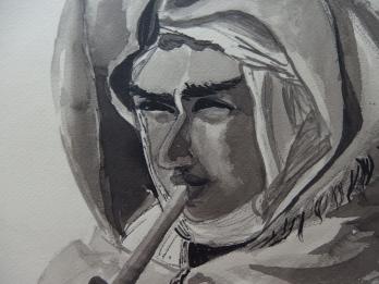 Maurice BOUVIOLE - Berbère jouant de la flute, Dessin original à l’encre signé 2