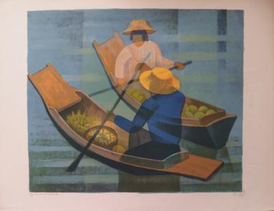 Louis TOFFOLI - Le marché flottant, Lithographie originale signée 2