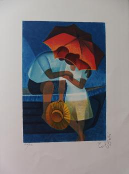 Louis TOFFOLI - Les amoureux sous le parasol, Lithographie originale signée 2