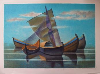 Louis TOFFOLI - Bateaux bleus, Lithographie originale signée 2