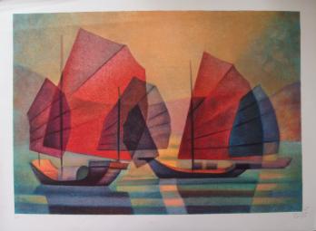 Louis TOFFOLI - Voiles au matin, Lithographie originale signée 2