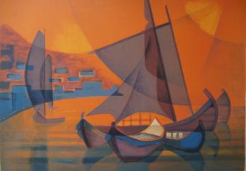 Louis TOFFOLI - Bateaux portugais, Lithographie originale signée 2