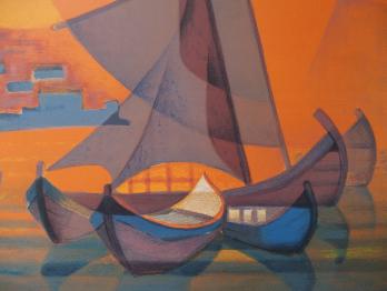 Louis TOFFOLI - Bateaux portugais, Lithographie originale signée 2