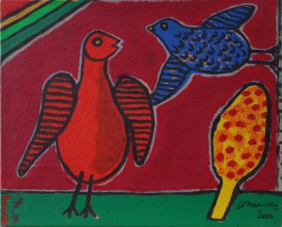 Guillaume CORNEILLE - Couple d’oiseaux rouge et bleu, Sérigraphie sur toile signée 2