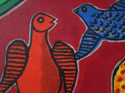 Guillaume CORNEILLE - Couple d’oiseaux rouge et bleu, Sérigraphie sur toile signée 2