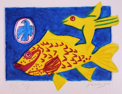 Guillaume CORNEILLE - La Mer, Poisson et oiseau, Aquagravure originale signée 2