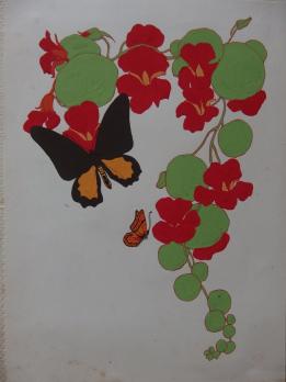 ART DECO - Fleurs et Papillons, Gouache originale (c.1920/30) 2