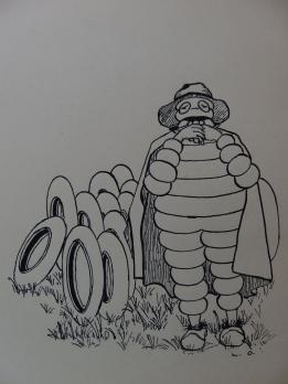 Dessin Publicité MICHELIN années 1920, Bibendum dans l’imperméable 2