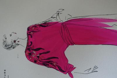 Pierre BALMAIN (1914-1982) Magnifique dessin original mode - Robe crêpe satin rose - Moda (abiti e accessori) Plazzart