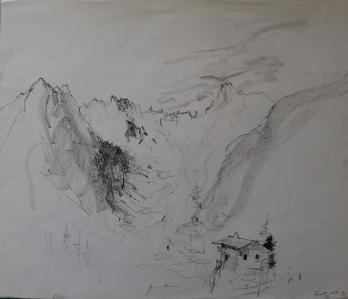 Bernard GANTNER - Chalet dans la montagne, Dessin original au crayon noir signé 2