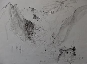 Bernard GANTNER - Chalet dans la montagne, Dessin original au crayon noir signé 2
