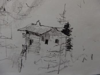 Bernard GANTNER - Chalet dans la montagne, Dessin original au crayon noir signé 2