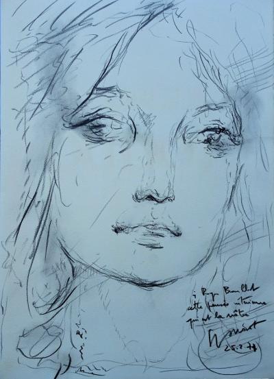 Georges OUDOT : Visage de Femme - DESSIN original au crayon + dédicace #1977 2