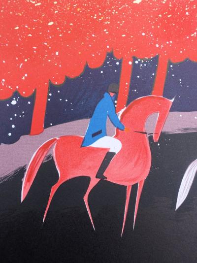 Serge LASSUS - Cavaliers et forêt rouge - Lithographie originale signée au crayon 2