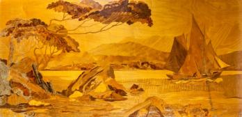 Pierre ROSENAU - Voilier et crique, c. 1930, Panneau de bois marqueté 2