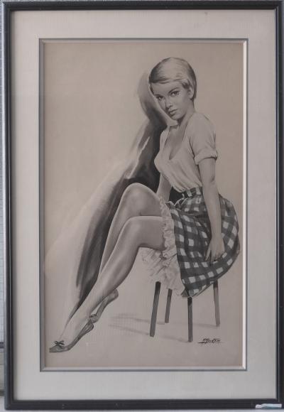 Michel GOURDON - Pin-Up en jupe, Grand Dessin original signé 2