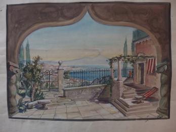 Lode IVO : Dessin pour un décor théâtral se situant en Italie, gouache et aquarelle originale, signée 2