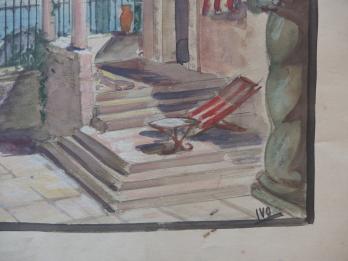 Lode IVO : Dessin pour un décor théâtral se situant en Italie, gouache et aquarelle originale, signée 2